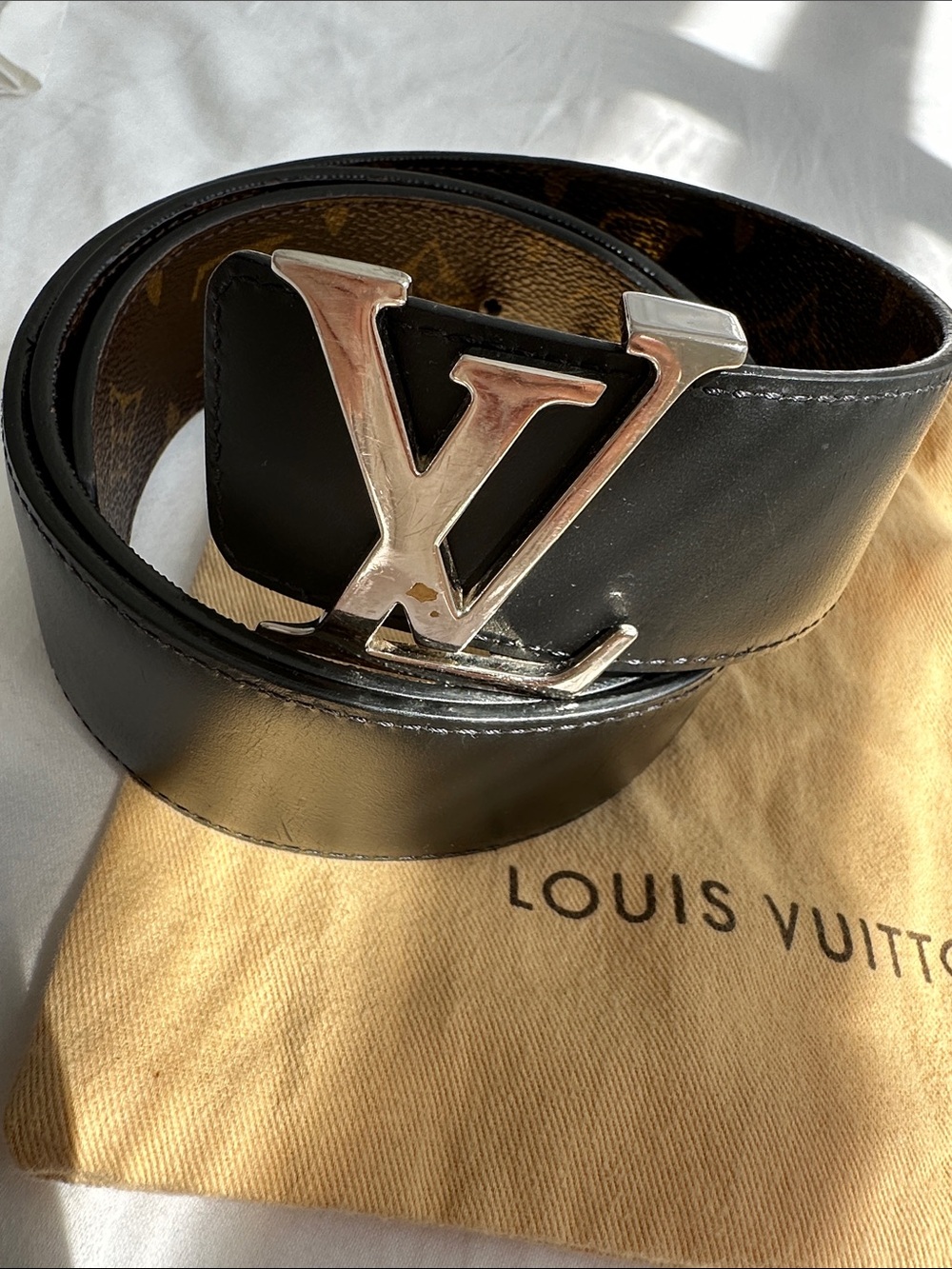 Authentic Louis Vuitton Leather Belt with Silver logo Buckle